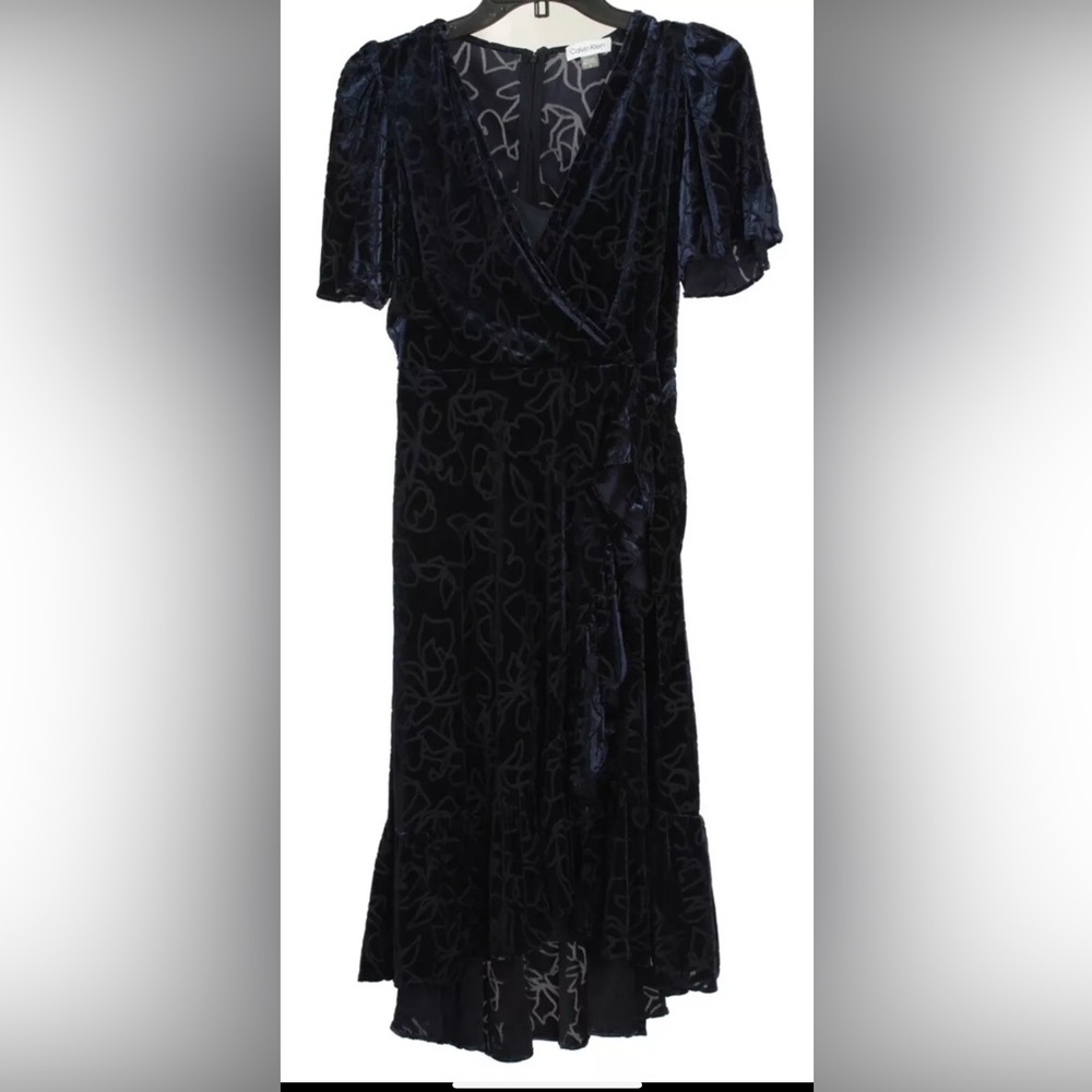 Calvin Klein Women’s Dress 4 Navy Blue A Line Ruffle Half Sleeve V Neck Stretch
